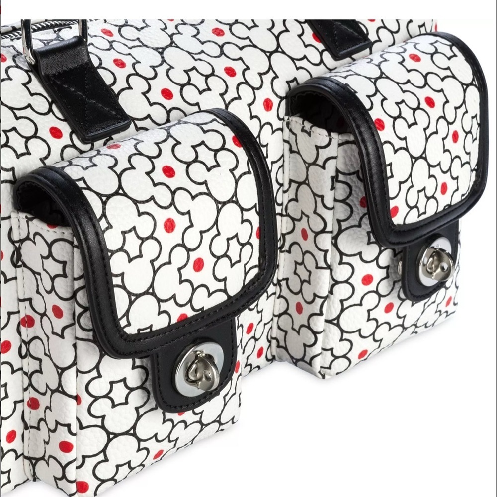 Disney Mickey Mouse Floral Icon Satchel Bag White Black Red Cargo Pockets NEW - Picture 3 of 5
